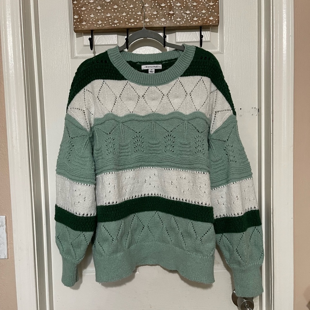 Green and White Striped Crew Neck Knit Sweater